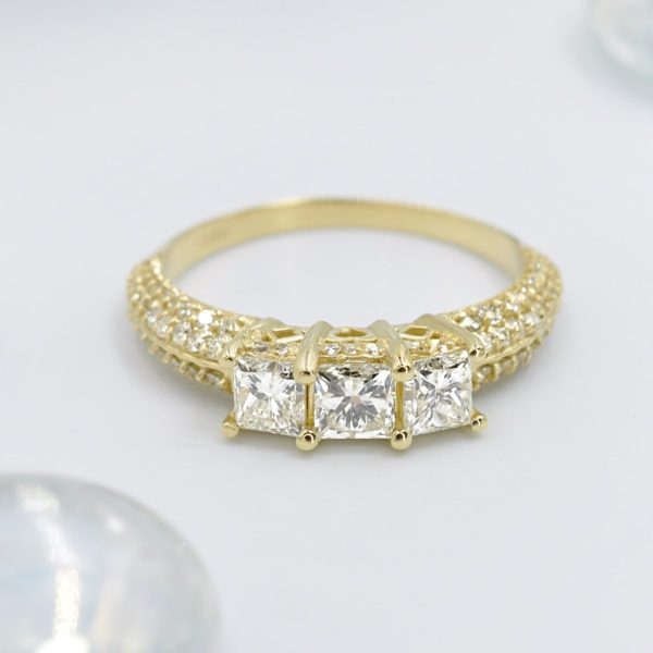 Certified 2.25 CT Princess And Round Cut Diamond Three Stone Ring in 18 KT Yellow Gold Sale